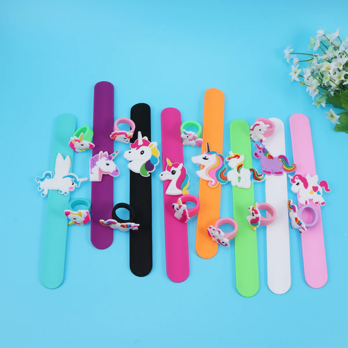 18 Pcs Silicone Bracelet and Ring Slap Bracelets Rings Set Bands for Kids Child