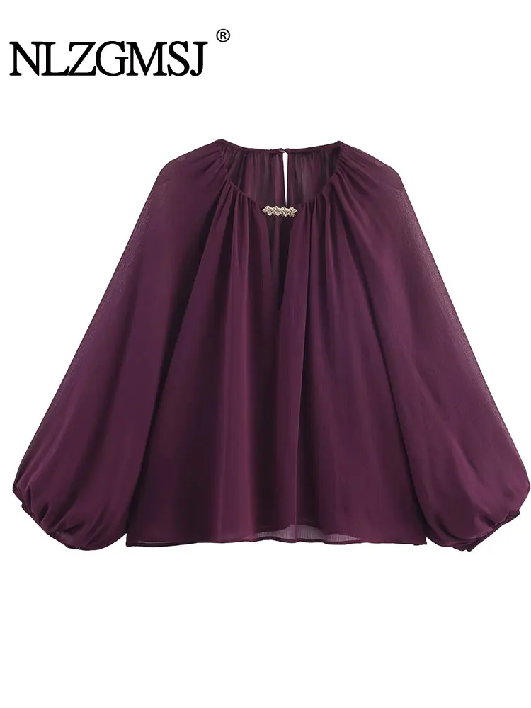 

NLZGMSJ Women 2025 Autumn Blouses Translucent Elegant Ruffles Blouse Female Long Sleeve High Street Long Sleeve Casual Shirt Top