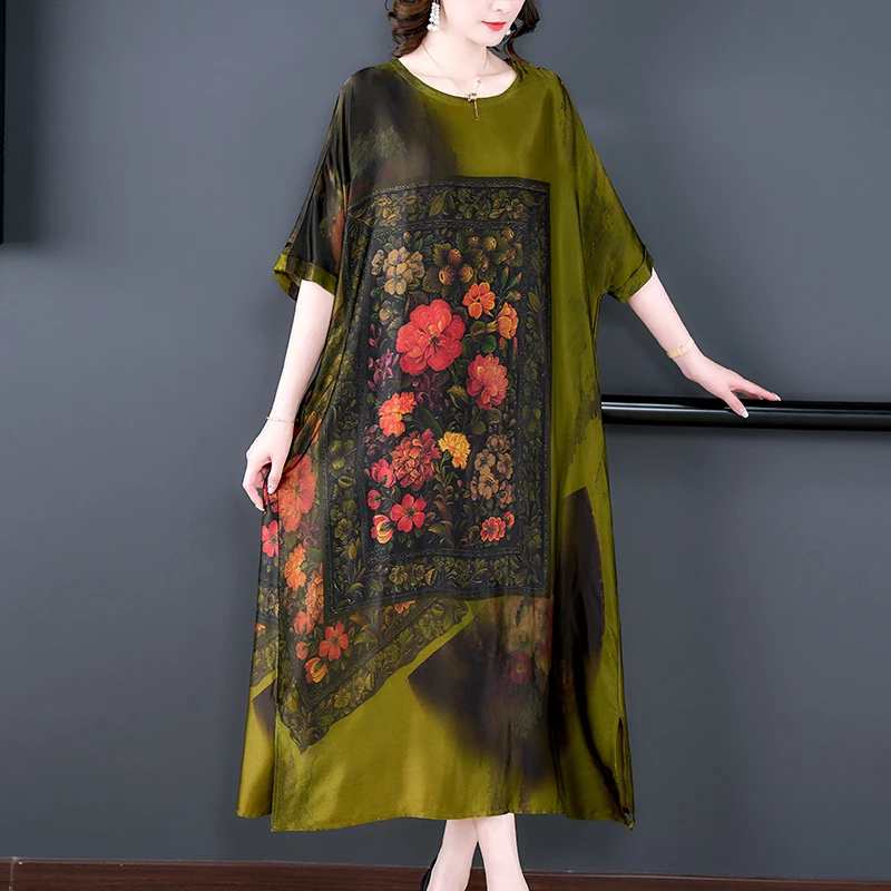 

2023 Women's Dress Silk Flower Print Satin Short Sleeve Long Dress Vintage Loose Size A-line Dress O-Neck Slim Long Dress Robe