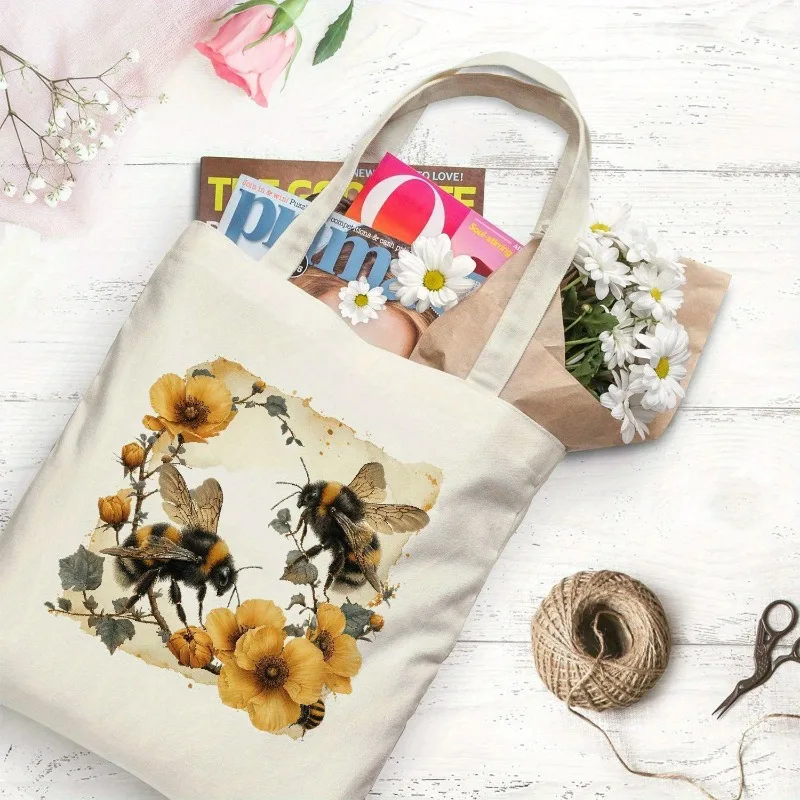

Комплект из 2 холщовых сумок-тоутов с пчелами и цветами, дорожная сумка через плечо с сумкой для макияжа, легкая сумка для покупок