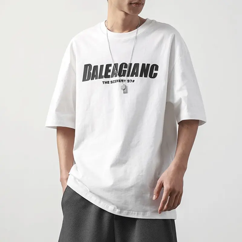 

Korean personality street retro short sleeved T shirt boys summer Y2K simple letter printing loose sports half sleeved top