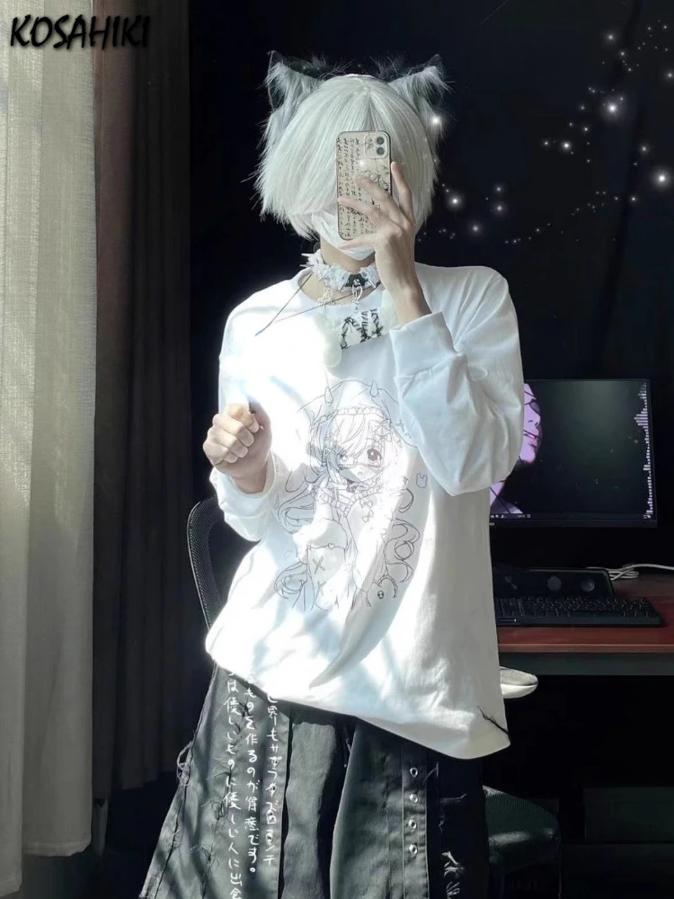 

2025 Women Japanese Cartoon Print Kawaii Graphic Oversized Autumn Streetwear Grunge T Shirts Y2k Aesthetic Harajuku Casual Tops