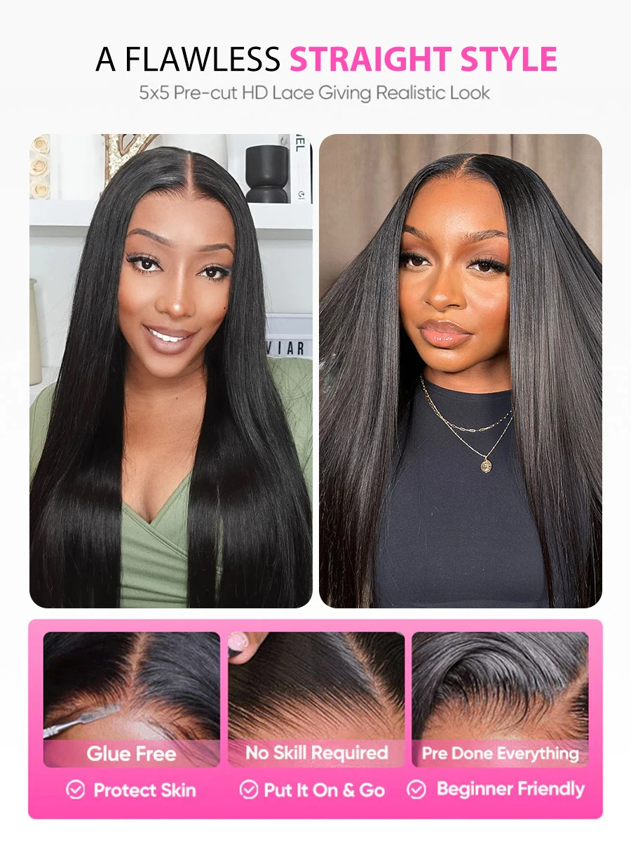 ارتداء والذهاب قبل قطعها قبل قطع غلويليس الباروكات شعر الإنسان العظام مستقيم الدانتيل الجبهة الباروكات أسود 30 بوصة جاهزة لارتداء إغلاق الباروكات #3