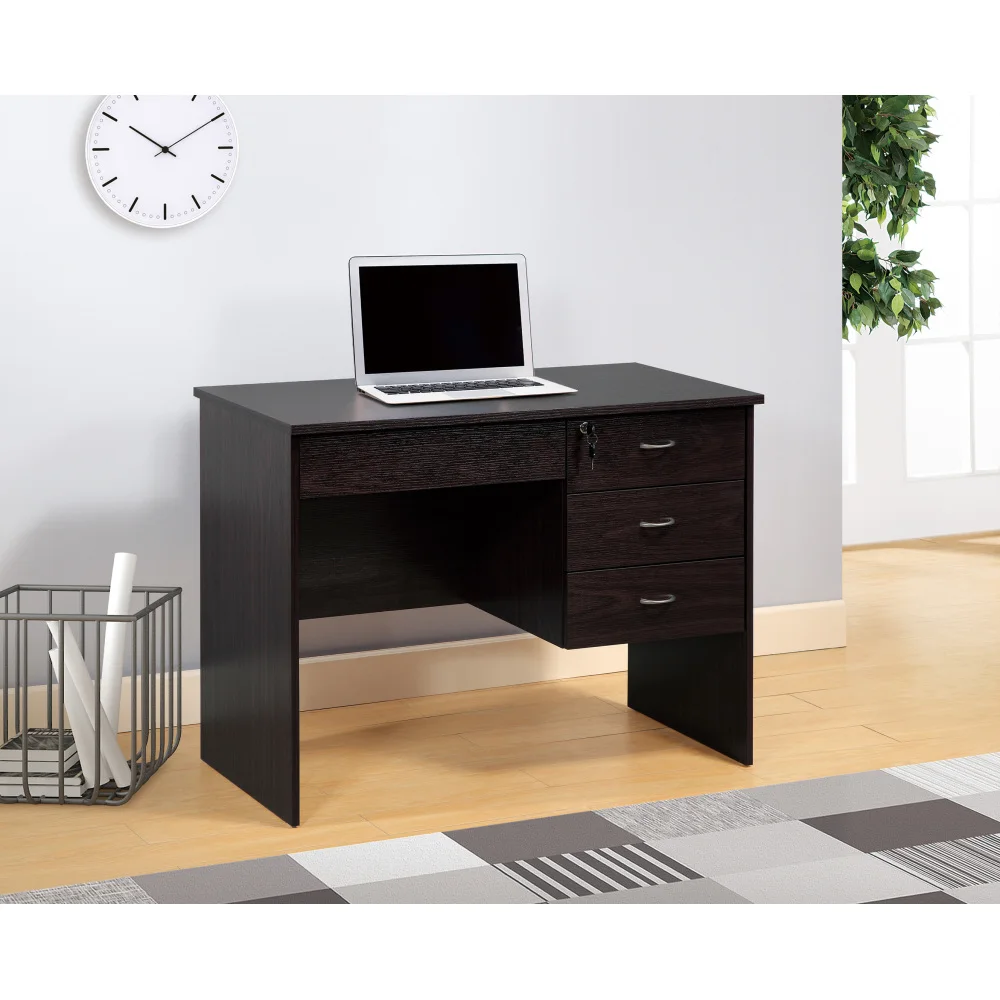 Three locking drawers on metal glides Student Desk Work Desk Modesty Panel Metal Bar Handles Red Cocoa color