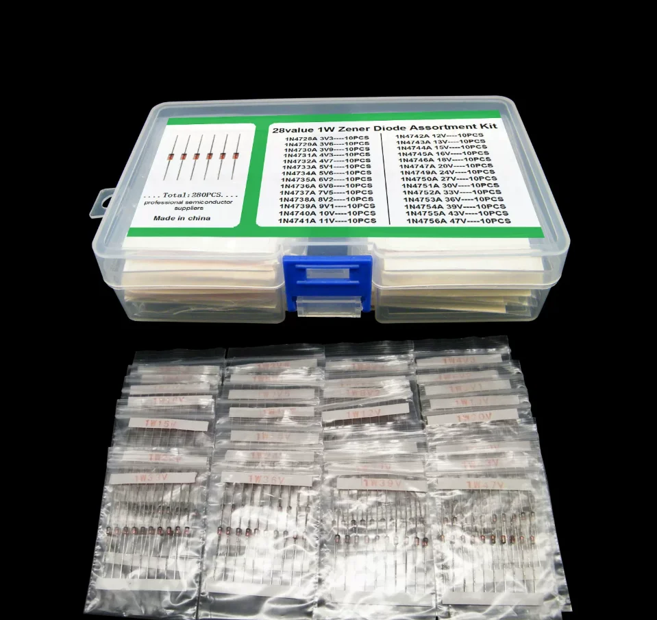 28Value*10pcs 3.3V To 47V (3.6/3.9/4.3/4.7/5.1/5.6/6.2/6.8/7.5/8.2/9.1/10/11/12/13/15/16/18/20/ 1n4742a 4732A Zener Didoe Kit 1W