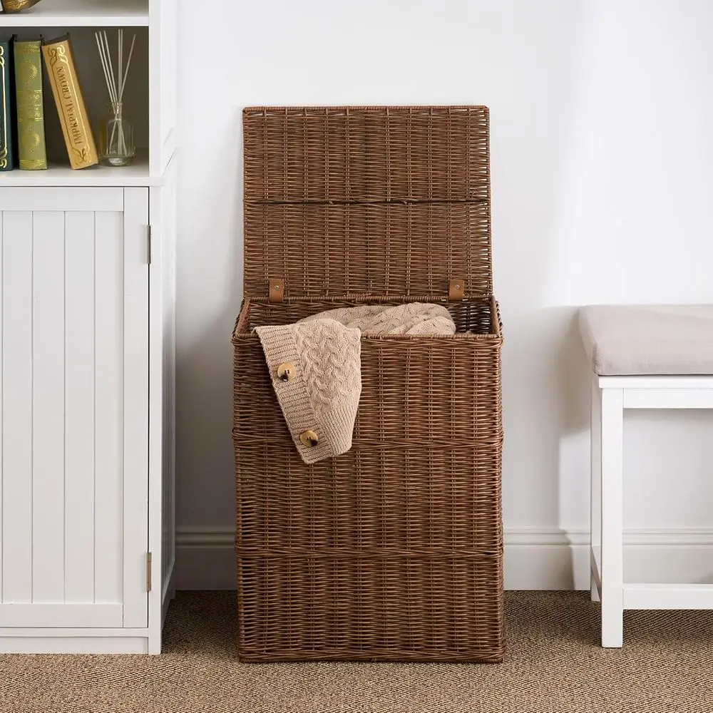 Laundry Hamper with Lid, 92L PE Rattan Clothes Laundry Basket, oldable Wicker Laundry Organizer or Bathroom, Bedroom, Brown