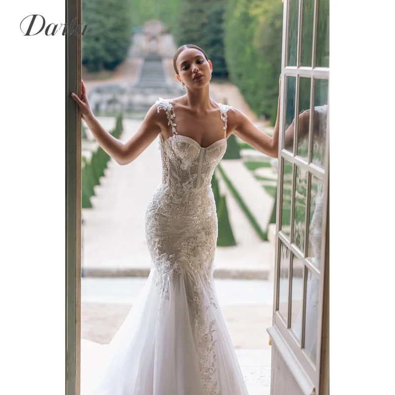 Darla-Robe de Mariée Sirène en Tulle de Luxe, avec Appliques en Dentelle, Bretelles Spaghetti, Sexy, Dos aux, Traîne de Balayage, Personnalisée, 2025