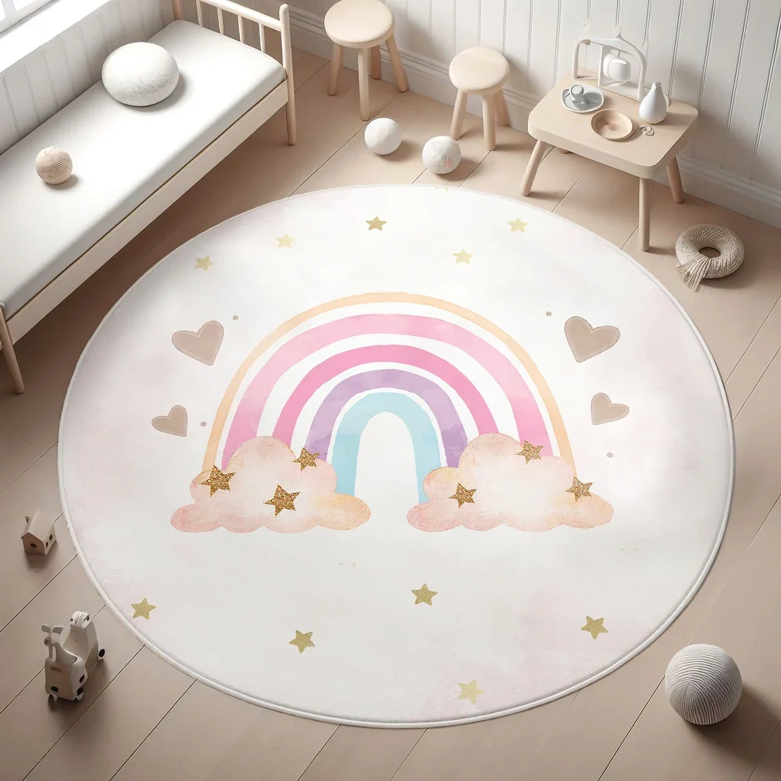 Rainbow Round Floor Mat - Washable, Fun & Colorful Area Rug for Kids Room, Bedroom, Living Room, Chair Swivel, Playful Decor