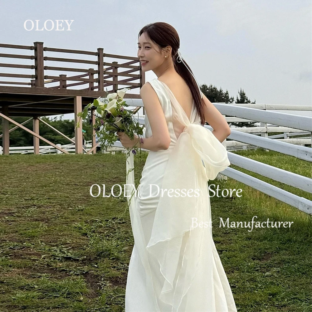 OLOEY 2025 New Korea Ivory Wedding Dress Women Photoshoot Sleeveless Bridal Gown Boat Neck Floor Length Customized Bow Zip Back