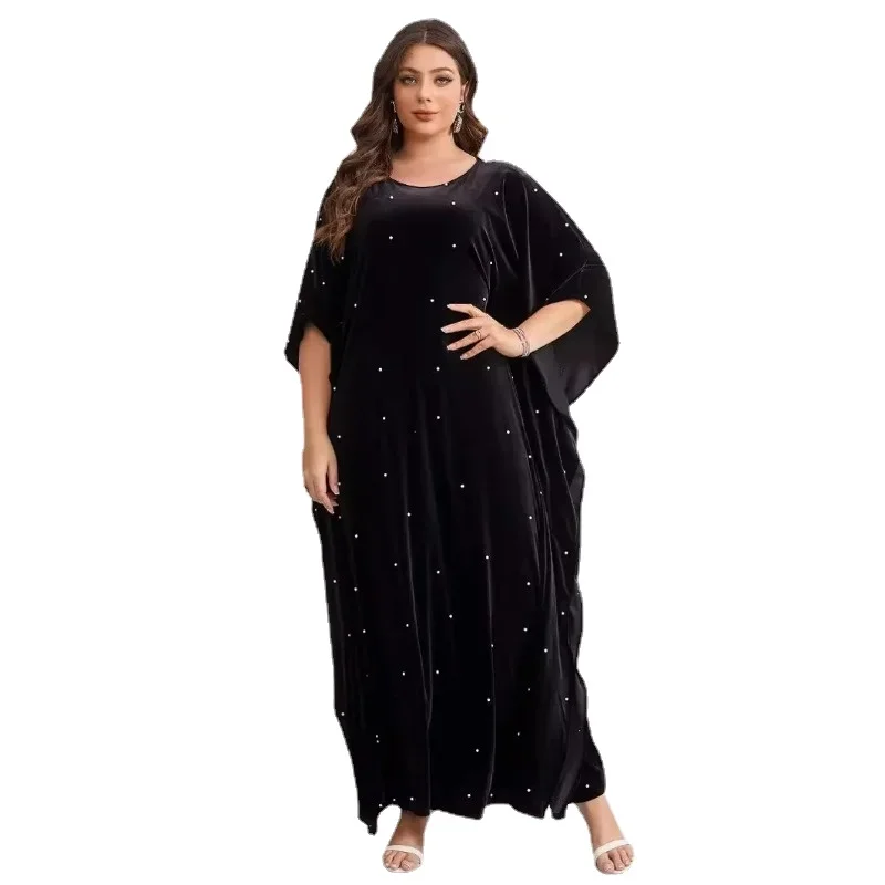 

Muslim Dresses for Women Plus Size Elegant Muslim Women 3/4 Sleeve Velvet Long Maxi Dress Muslim Fashion Abaya Gowns with Hijab