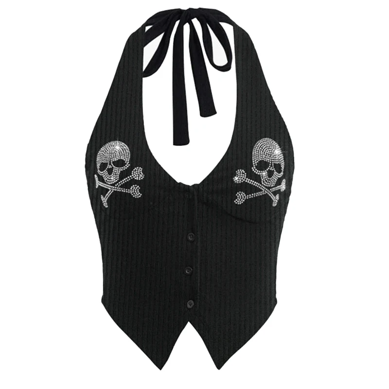 Summer Punk Bling Rhinestone Tank Top Sleeveless Bandage Sexy Crop Tops Vintage Gothic Aesthetic Fashion Skull Graphics Camisole