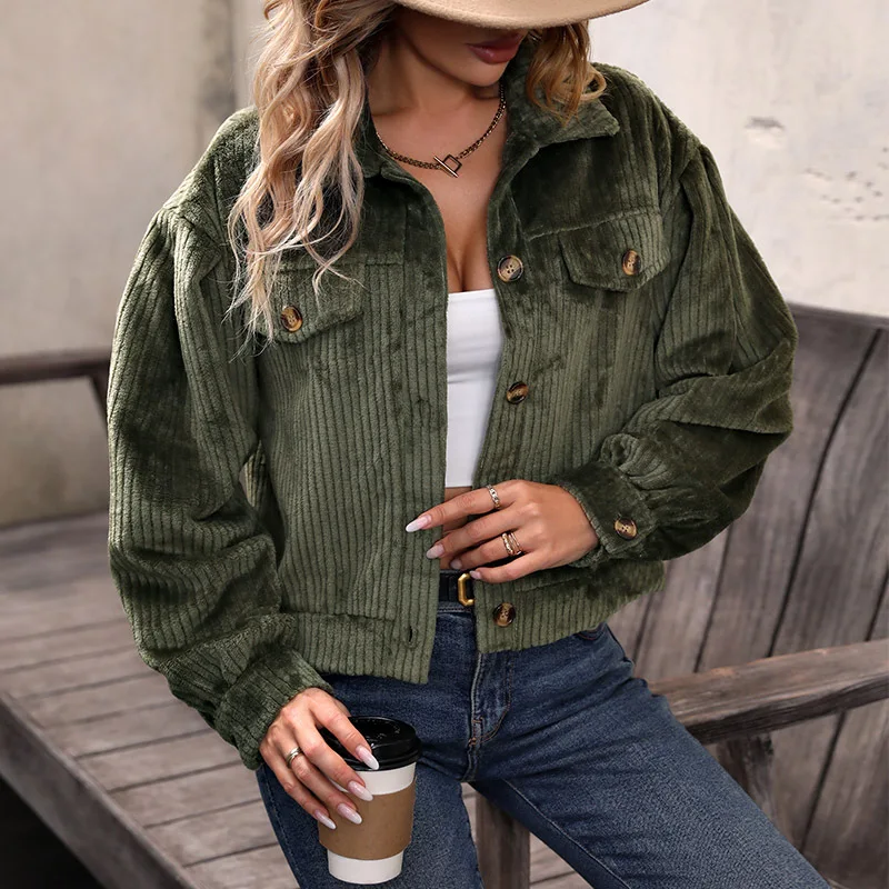 Autumn and winter new warm plush casual solid color women's green coat fashion thick long-sleeved jacket