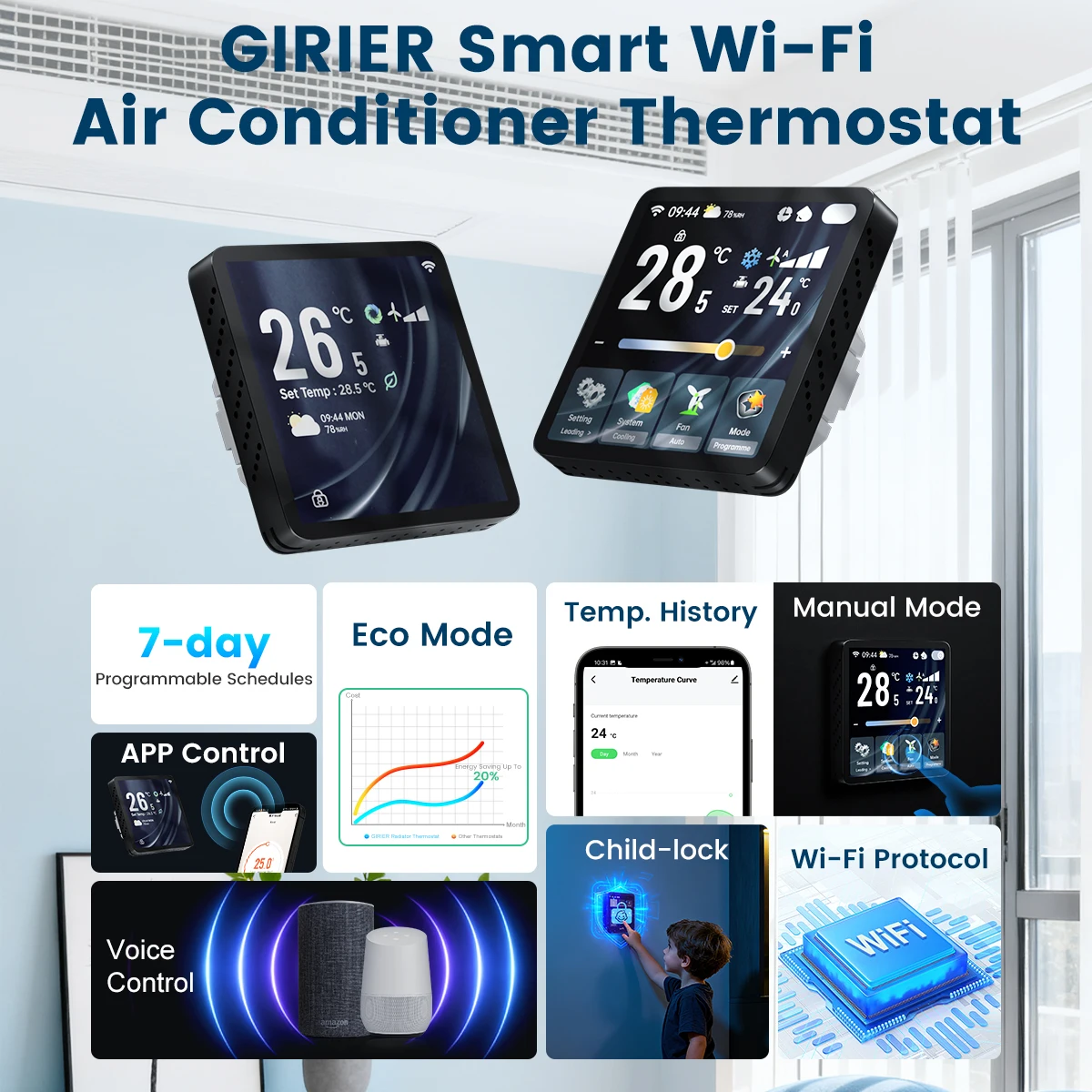 GIRIER Tuya Smart WiFi Thermostat for 2-pipe Fan Coil Unit with TFT Screen Programmable Temperature Controller Works with Alexa