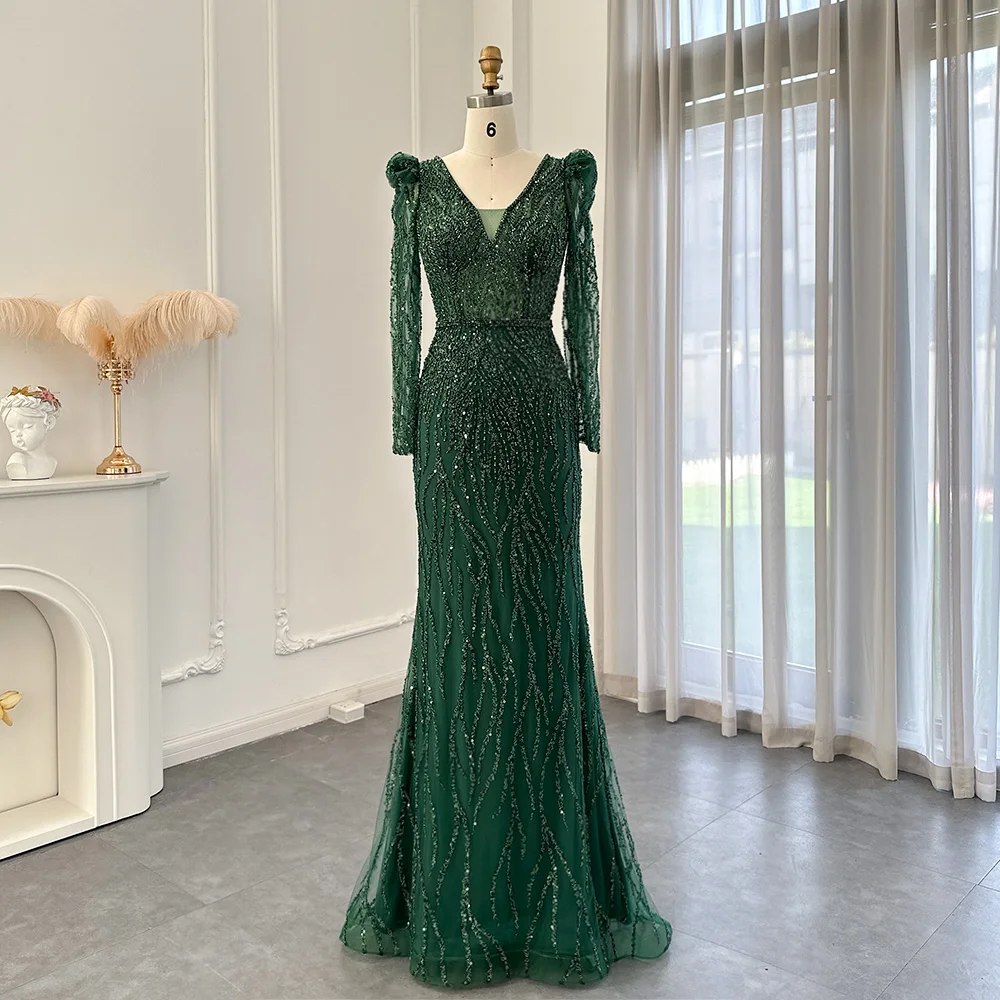 

Scz108 Navy Blue Mermaid Evening Dress For Women Wedding Elegant Emerald Green Long Sleeves Arabic Formal Party Gowns