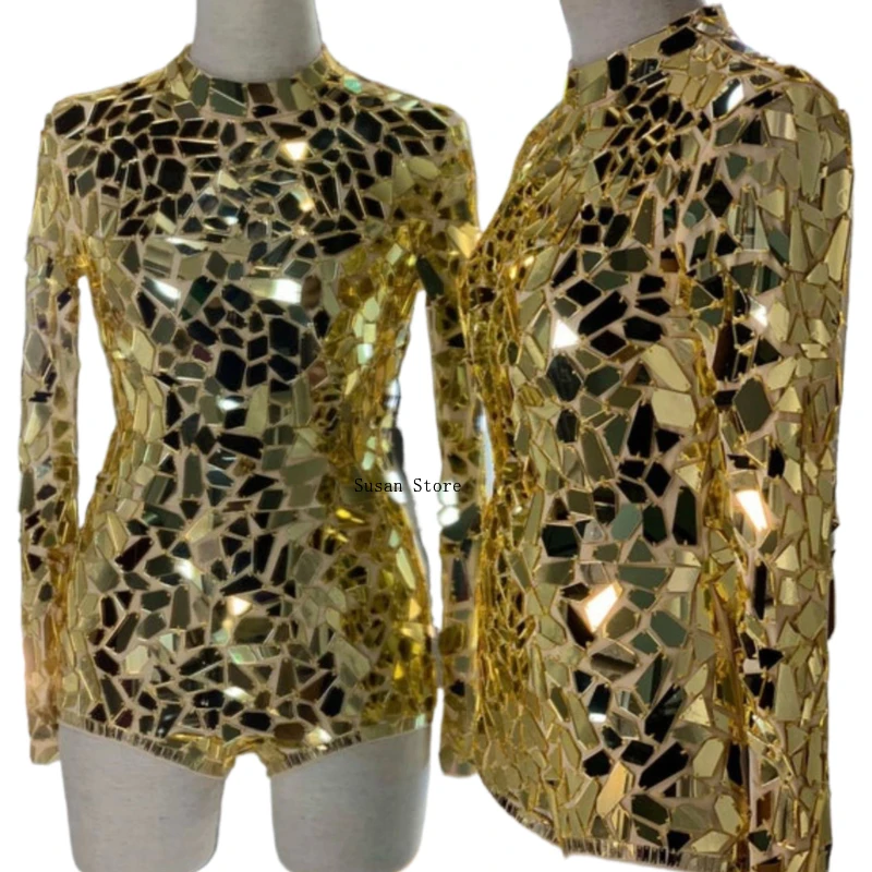골드 미러 여성 의상 하이넥 긴팔 점프수트 나이트클럽 바 DJ DS 고고 댄서 공연 무대 의상 섹시 의류