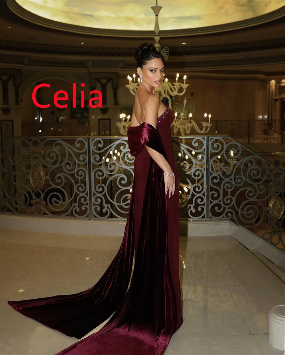 Customized Exquisite Burgundy Jersey Evening Dress Soft  Strapless Sleeveless Zipper Back Crystal Backless Open Back Prom Dress