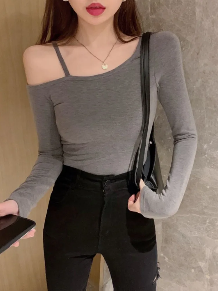 

Sexy Shoulder Bared Long Sleeve T Shirt Women's Base Shirt Design Sensation Slim Fit Spring Autumn Winter Fashionable Versatile