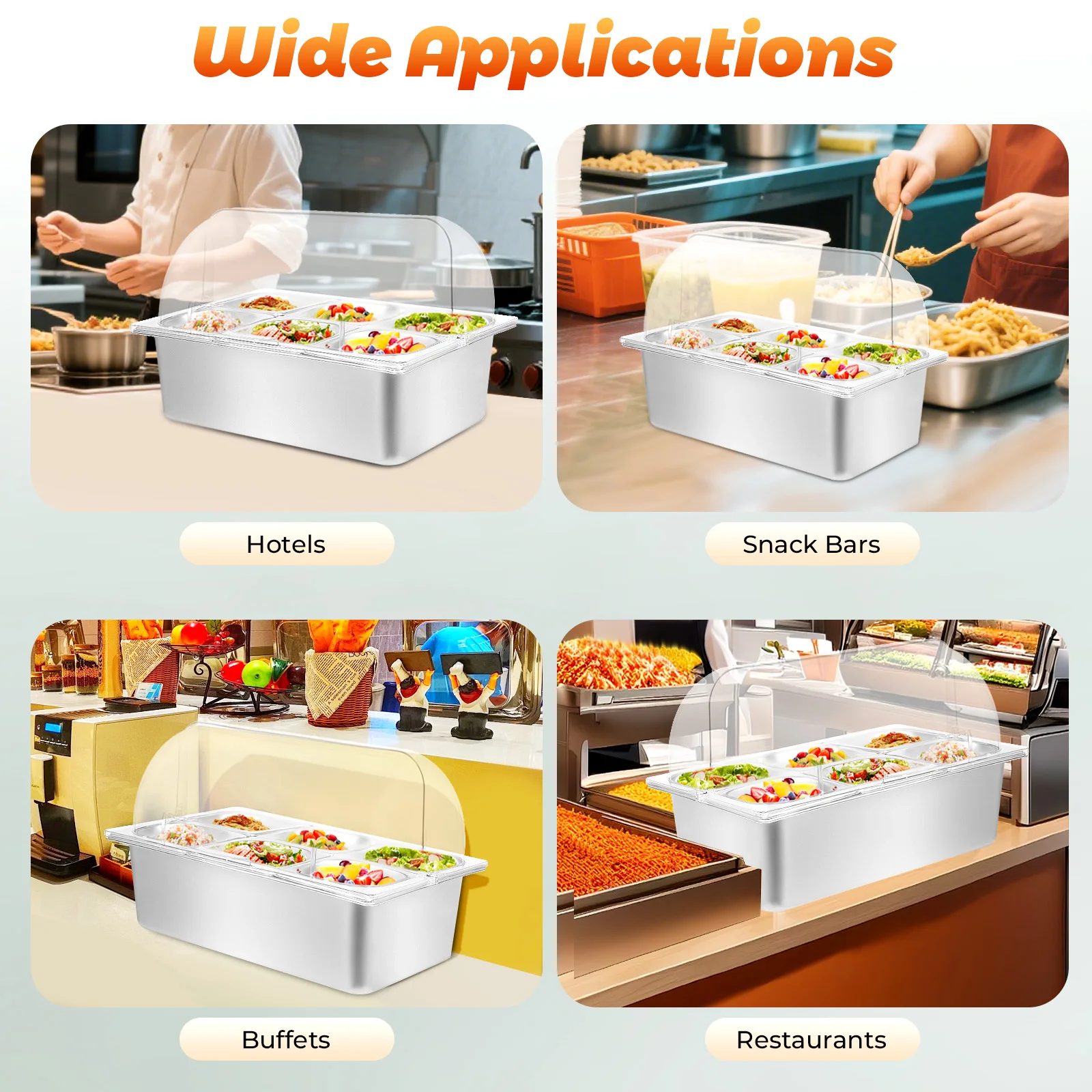 Stainless Steel 6-Pan Cold Food Display Tray Ice Buffet Server with 1.45L Pans for Sushi Seafood Salad Party Restaurant Catering
