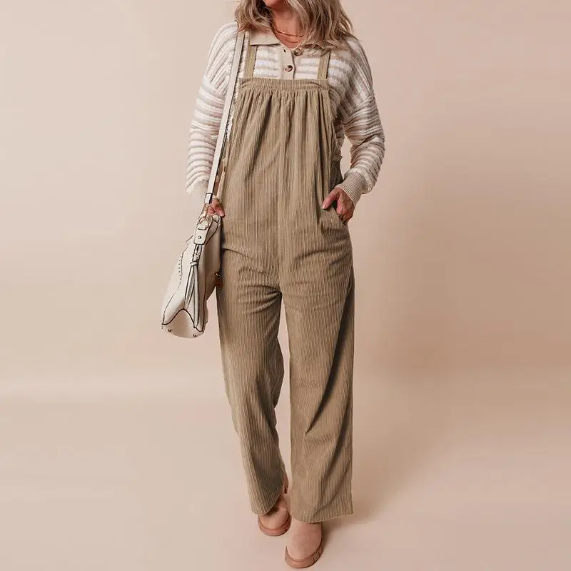 

Women's Multi ket Corduroy Jumpsuit High Waist Long Pants Polyester Fiber Summer Faion Ladies Overall Suits