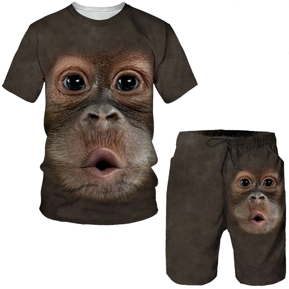เสื้อยืดชุด3D เสือลิงอุรังอุตังพิมพ์ลายสัตว์เสื้อยืดกางเกงขาสั้น2ชิ้นสตรีทไซส์ใหญ่