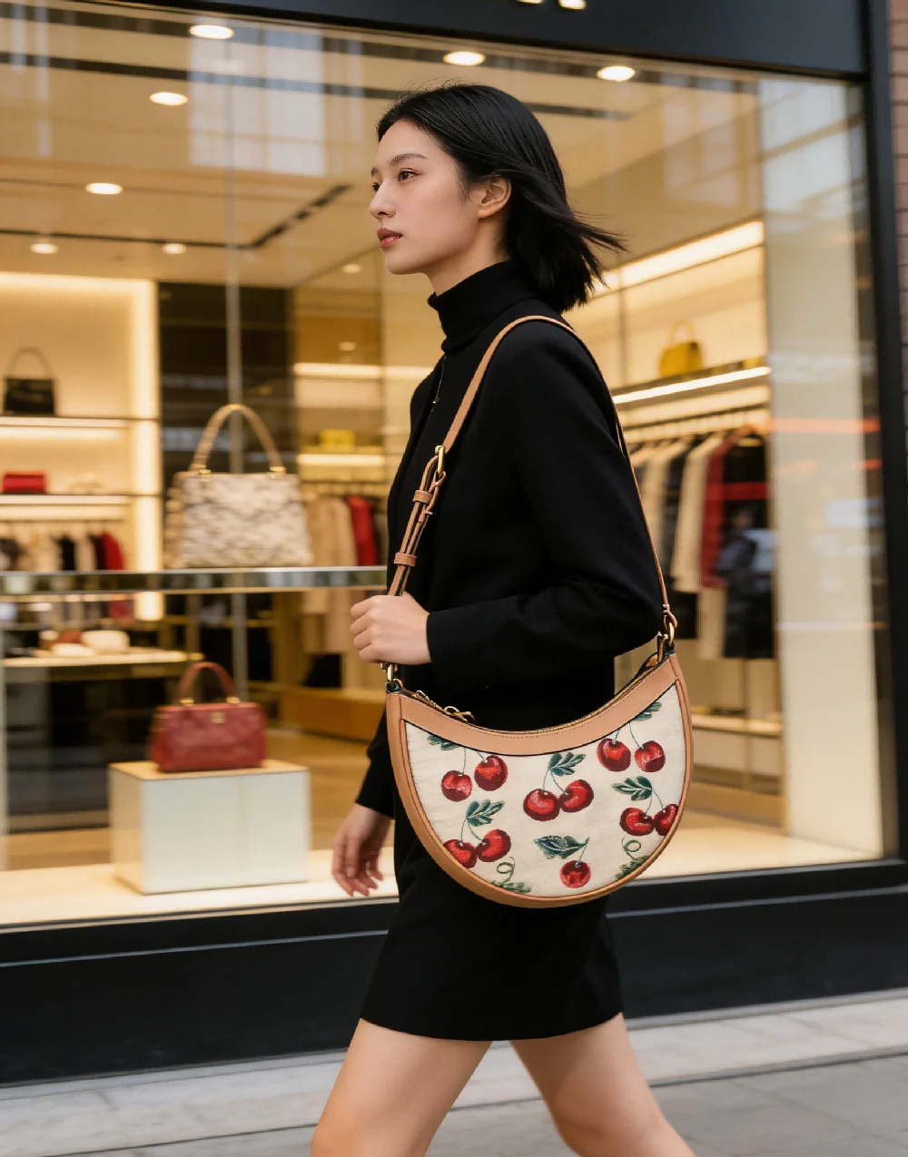 

Cute Cherry Print Crescent Underarm Bag for Women, Sweet Fruit Pattern Shoulder Bag, Casual Fashion Handbag for Shopping