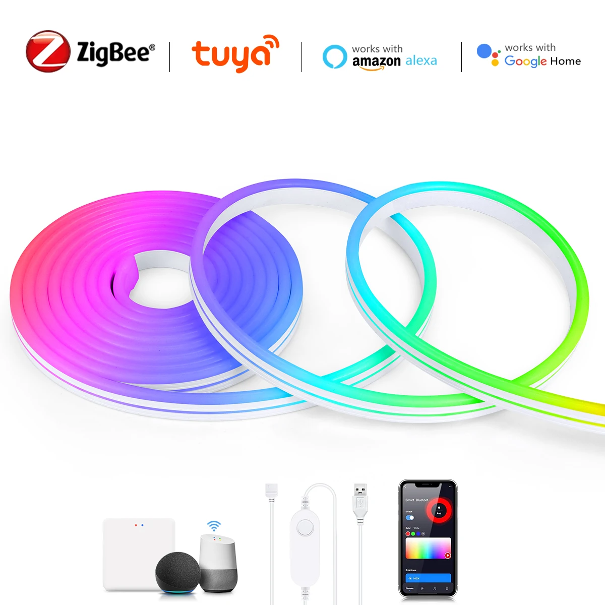 Zigbee 3.0 Neon RGB LED Strip Light USB 5V Tape Ribbon Dimmable Work With Tuya Smart Gateway Bridge SmartThings Alexa Google