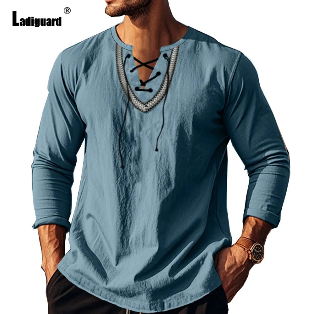 Plus Size 3xl Mens Casual Linen Shirts Clothing 2024 New Boho Lace-up Shirt Blouse Men Long Sleeves Vintage Basic Tops Pullovers