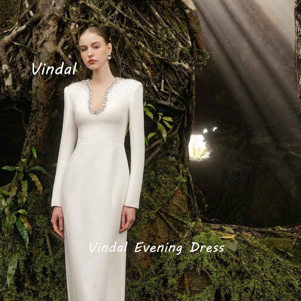 Vindal Floor length V-Neck luxurious Fashion Straight Beaded Crepe Breast Padding Elegant Long Sleeves السعود For Woman 2024