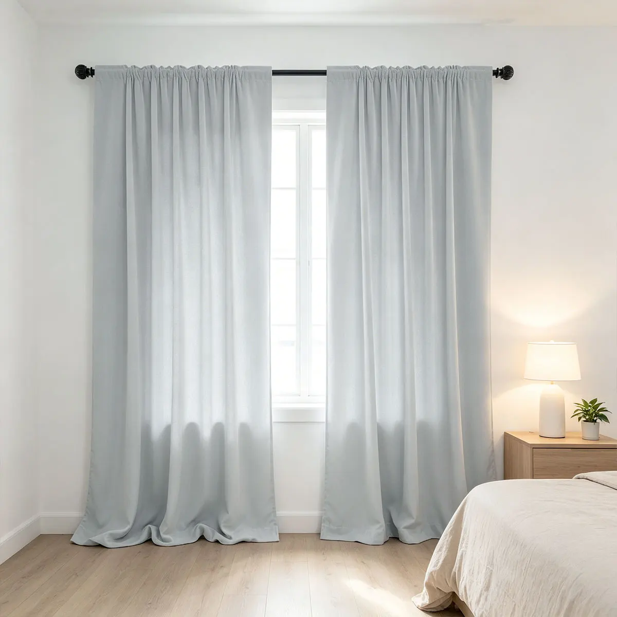 Light Gray Solid Velvet Rod Pocket Curtains 2pcs, Simple Blackout Window Drapes for Living Room Bedroom