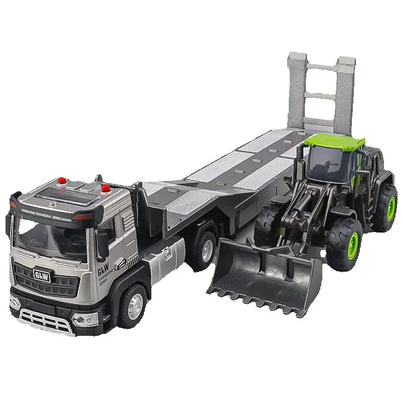1:40 Anhängerauto mit Mini-Bulldozer und Bagger, Druckguss-Modelltechnik, zurückziehbares Bausammlungsspielzeug für Kinder