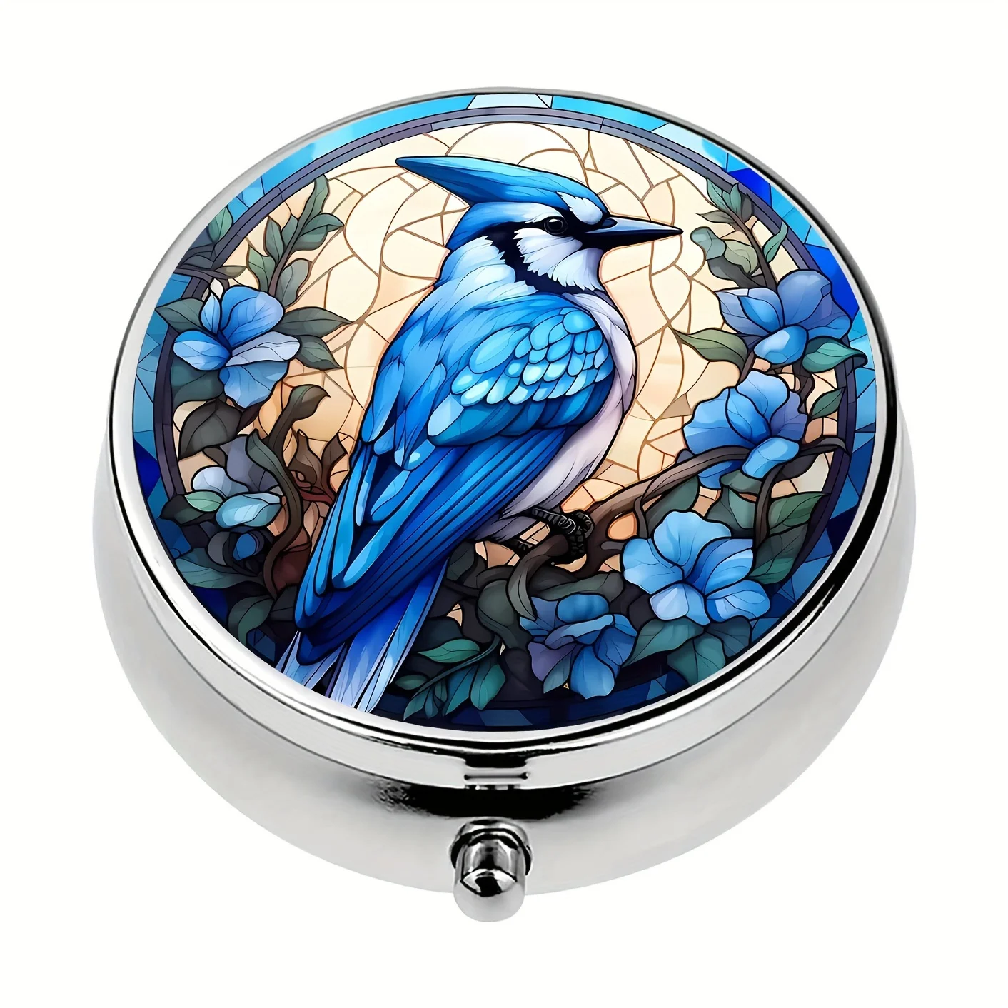 Blue Bird Pill Box with 3 Compartments,Mini Medicine Organizer,Portable Travel Pocket Case,Decorative Metal Vitamin Holder