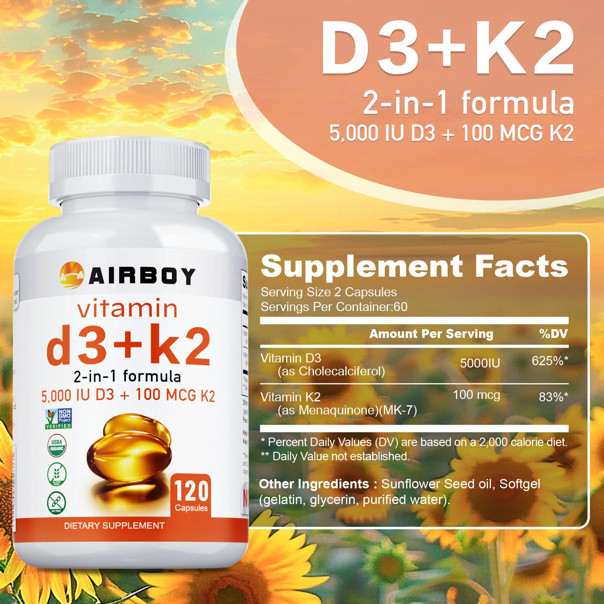Vitamin D3 + K2 - Promotes Calcium Absorption, Bone and Joint Health, Boosts Immunity, Promote Metabolism