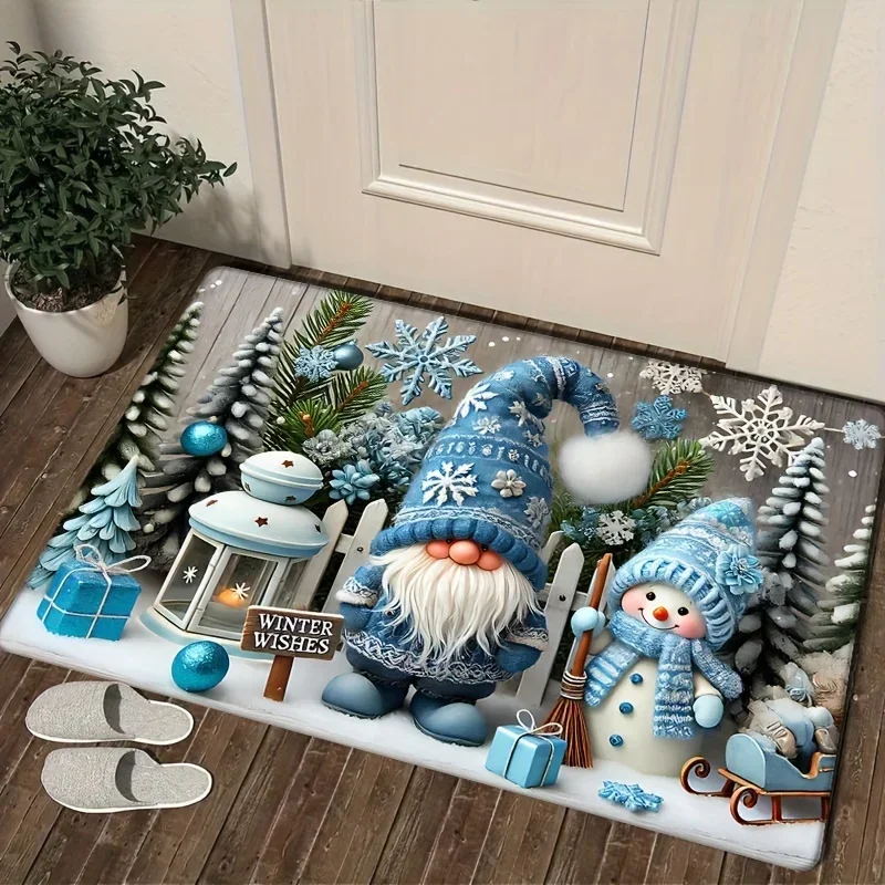 VIKAMA Winter Door Mat Blue Gnome Tomte Snowman Lantern Winter Wishes Front Welcome Mat Rug Home Decor Christmas Holiday Decor