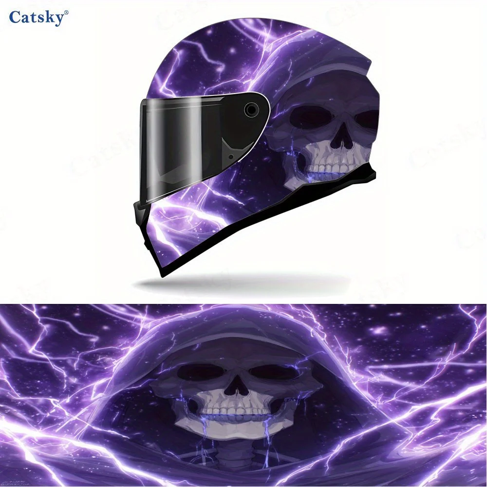 

Purple Lightning Skull Full Face Helmet Vinyl Wrap Sticker, Waterproof Scratch-Resistant Self-Adhesive PVC Decals, Artistic Aest
