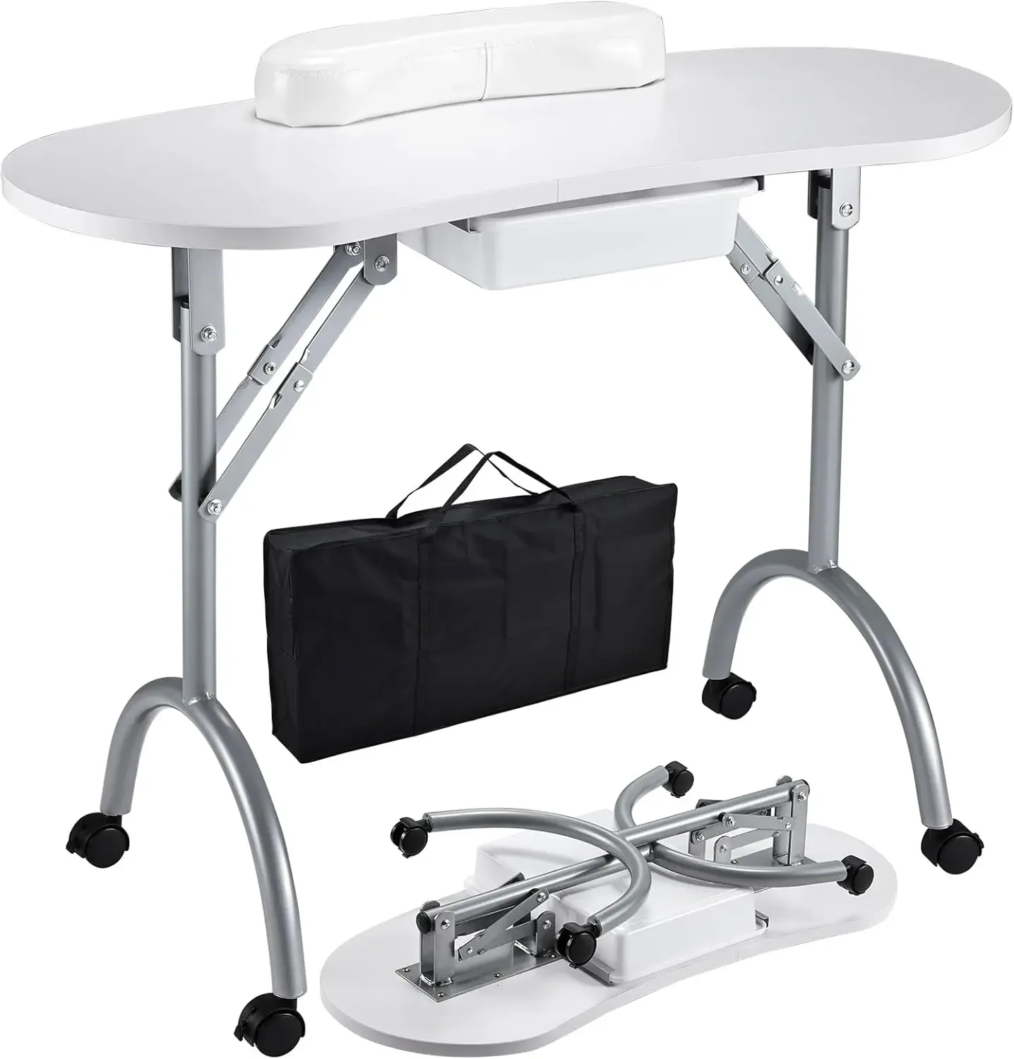 Professional & Portable Manicure Table Nail Technician Desk Workstation 4 Lockable Wheels with Large Drawer Client Wrist Pad Fre