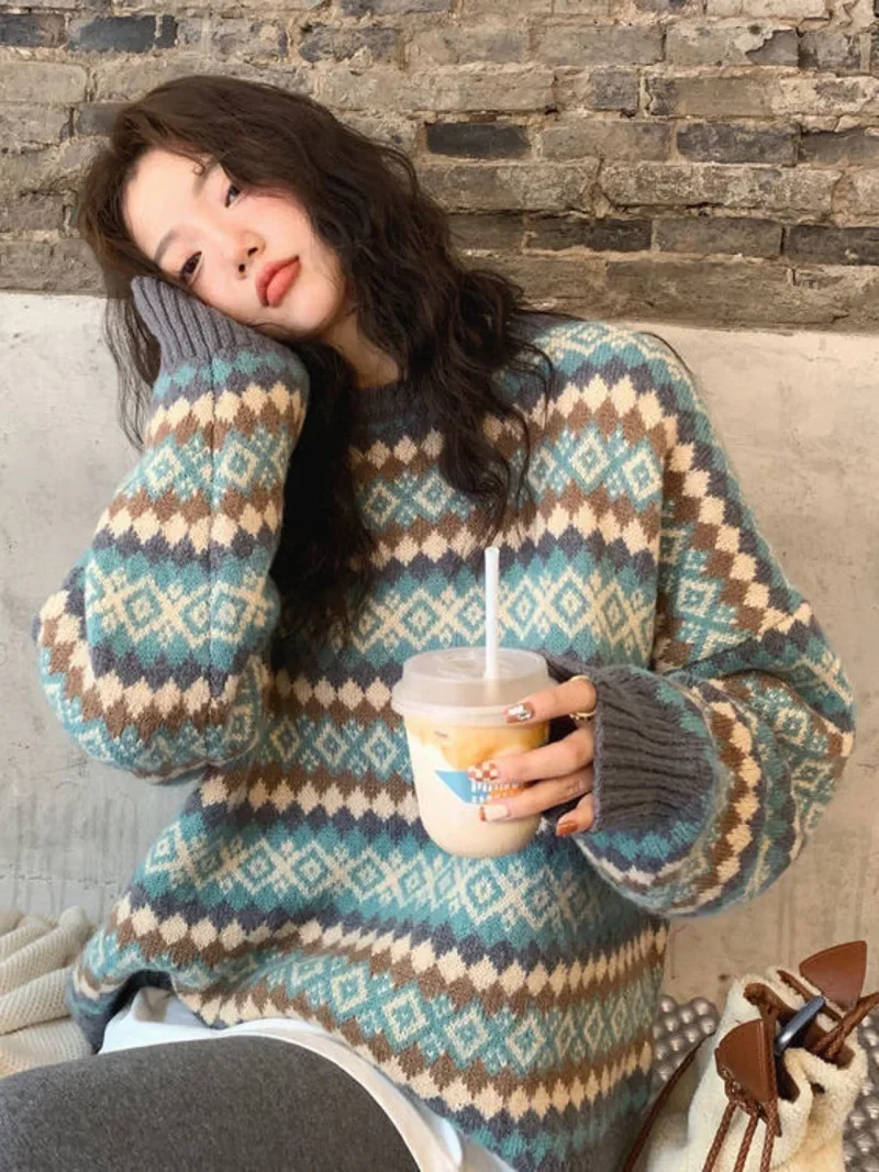 Winter Knitwear Pullover Sweaters For Women Top Blue Vintage Long Loose Sweats Warm Korea Fashion Jersey Jumper