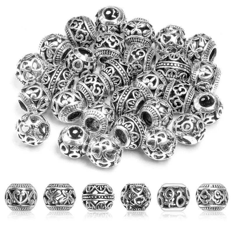 6Pcs Mix 10mm Antique Silver Metal Hollow Beads Big Hole Loose Spacer Beads For Jewelry Making DIY Bracelet Accessoies Supplies