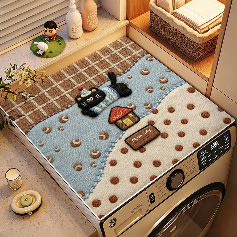 VIKAMA Retro Three-Dimensional Embroidered Little Black Cat Washing Machine Cover Pad, Anti-Slip Drum Washing Machine Dust Pad