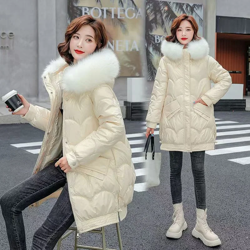 Bright Wash-free Cotton-padded Coat Women's Winter 2024 New Cotton-padded Big Fur Collar Thickened Fashion Of The Long Coat Tide