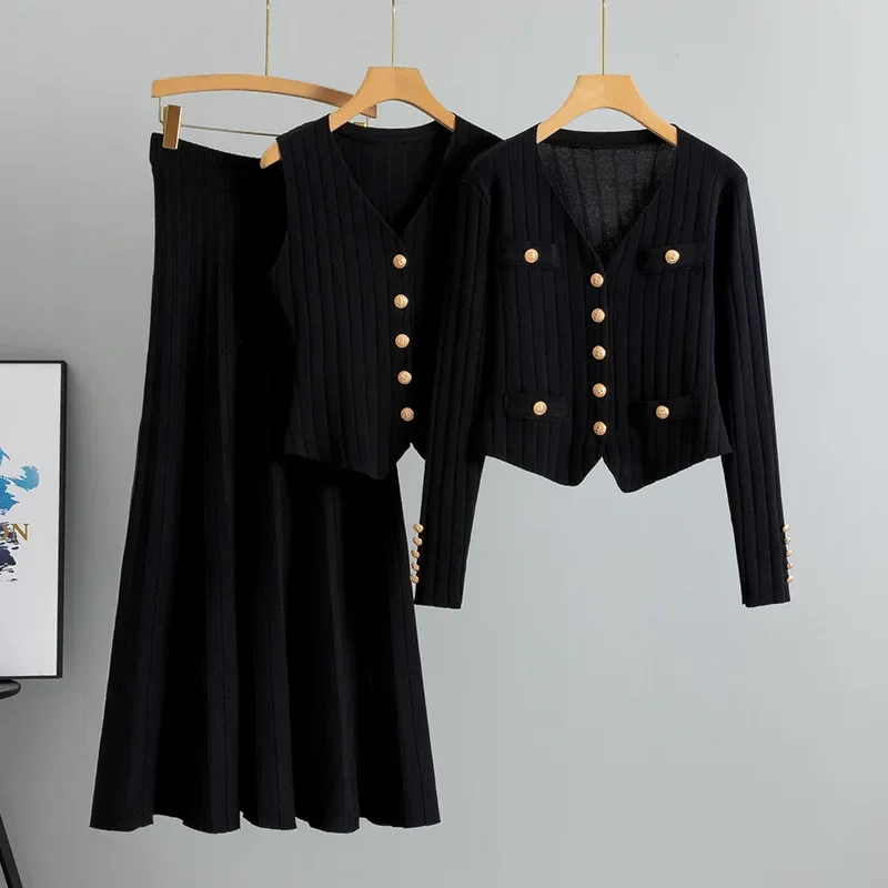 Women's Elegant Office Commute Three Piece Set Slim Fit Sweater Vest Skirt Suit Versatile One Size Fashion Minimalist Slim Fit