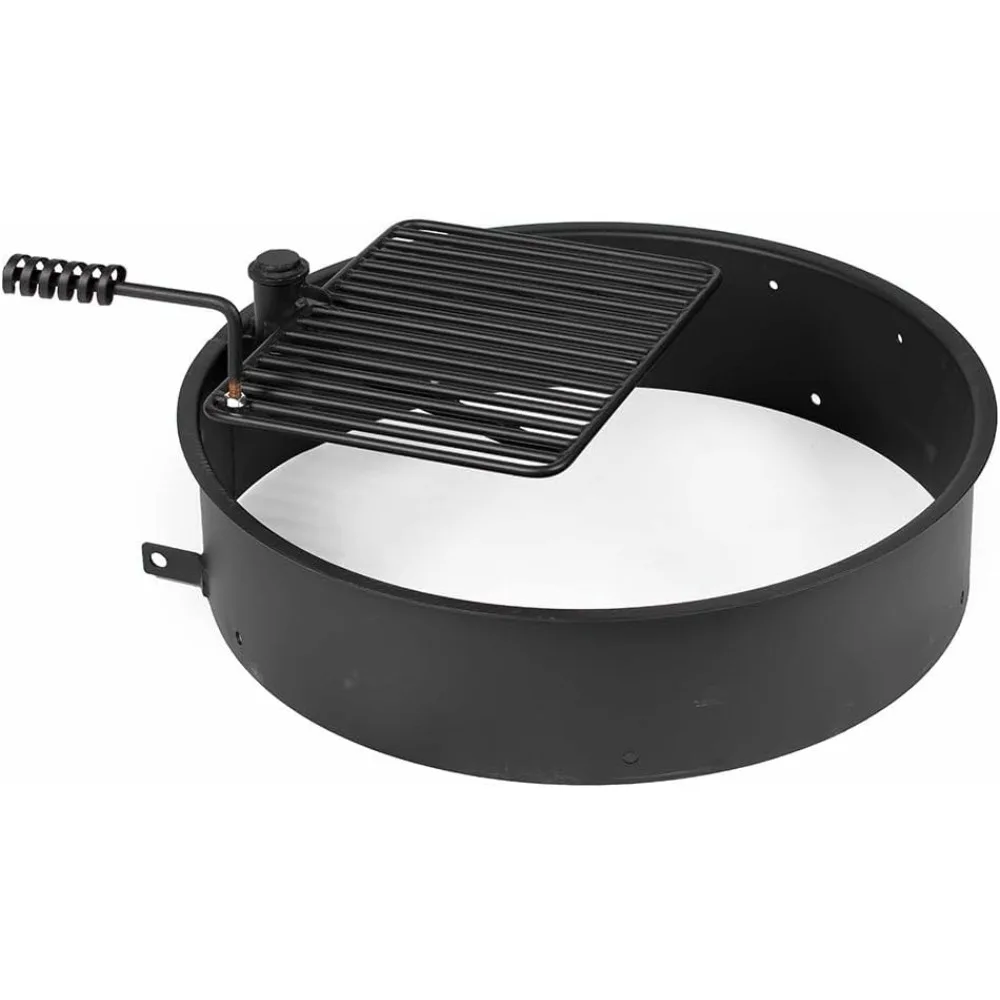 

Ash & Ember 32 Steel Fire Pit Ring with Cooking Grate, 15.5 x 19.5 Swivel Grate with Spring Handle, Steel Fire Ring & Campfire G