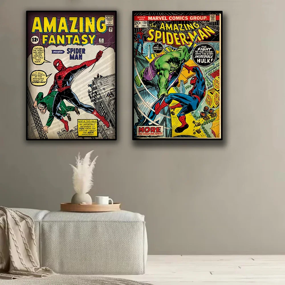 1PC frameless Canvas,Retro Marvel Super Hero Decorative Painting Anime Spider Man Art Poster American Film Mural Home Childrens