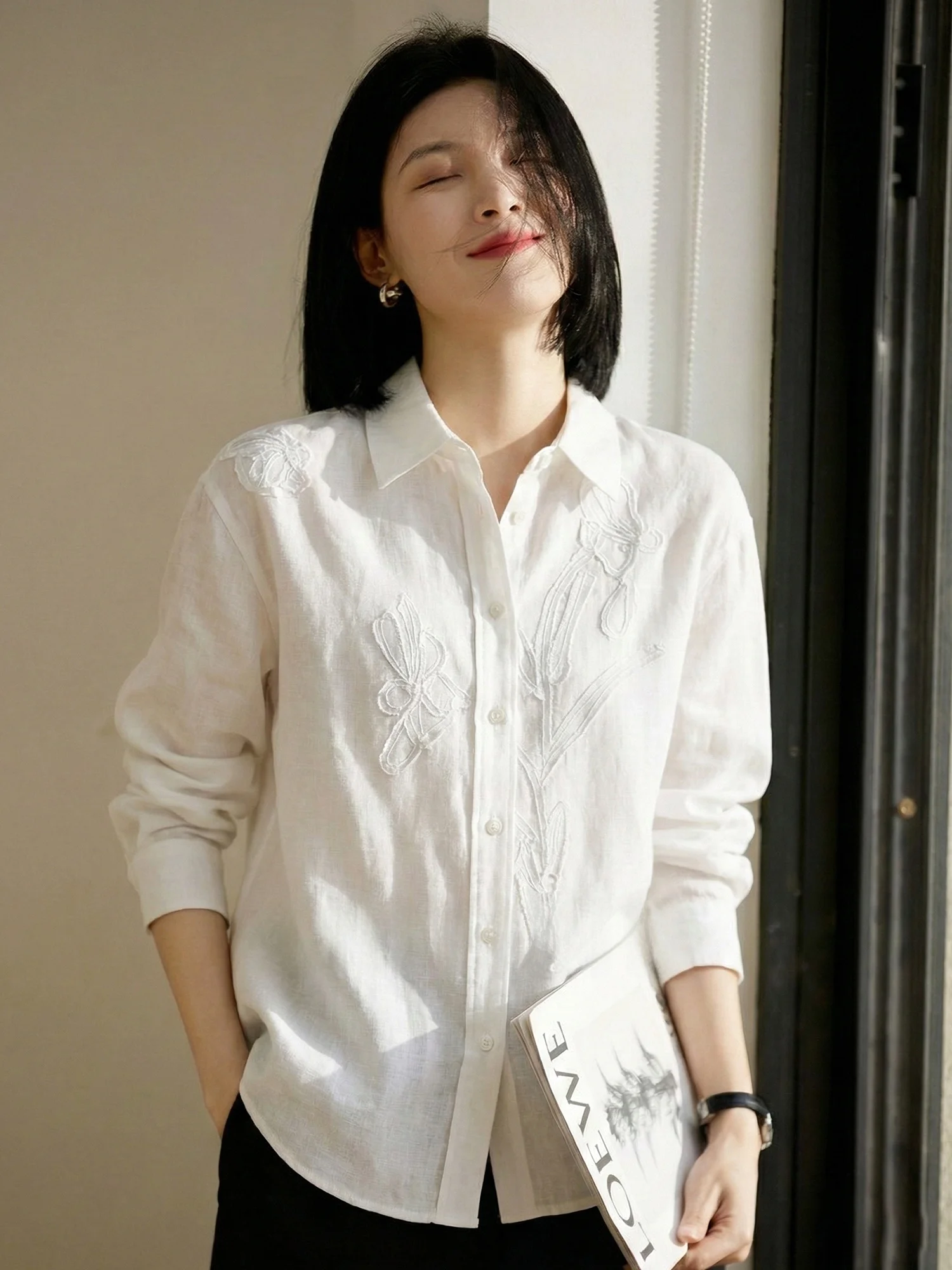 

Chivirin Linen irt Elely Slimming Long Sve White Spring Faion Women's Faionable irt Collar Button Closure