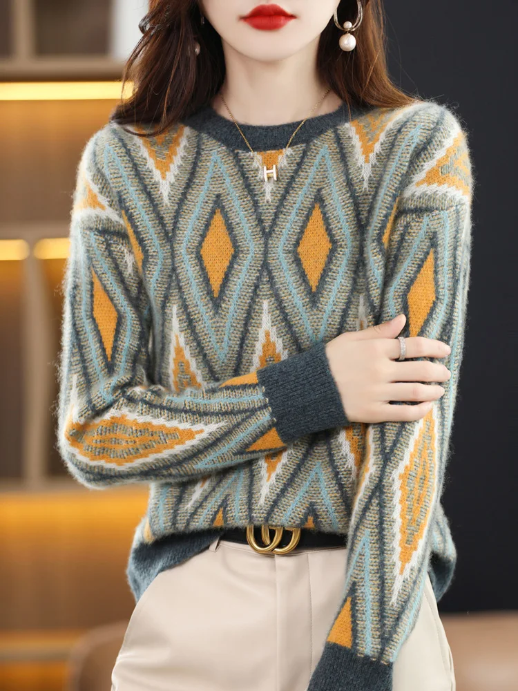 100%Pure Wool Sweaters Ladies Crewneck Loose Knit Pullover Fashion Color Match Jacquard Blouse Autumn Winter New Warm Base Shirt