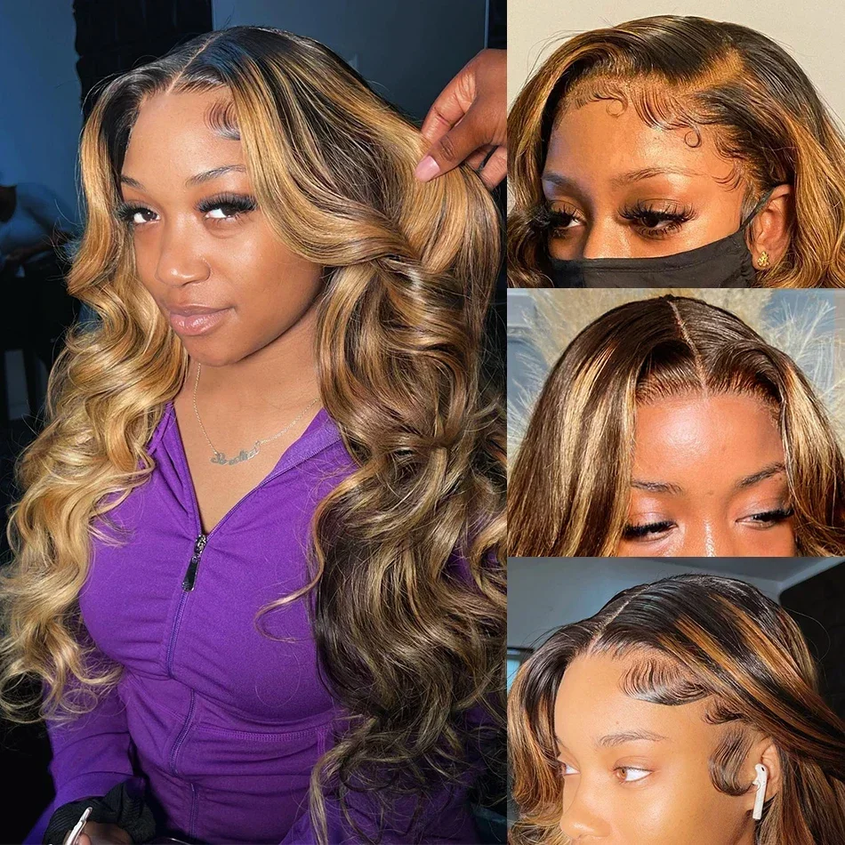 HD Full Lace Frontal Wig para Mulheres, Mel Loiro, Onda Do Corpo, Destaque Do Cabelo Humano, 13x4, 13x6