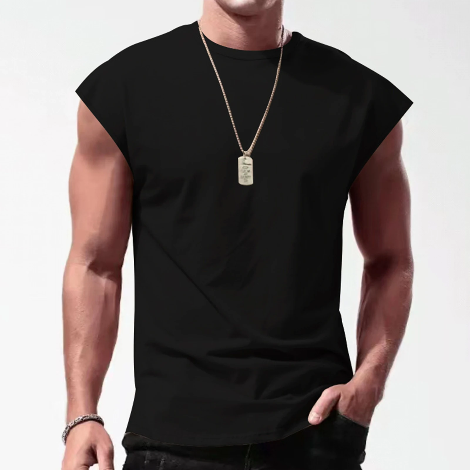 Mens Vest Tops Fashion Solid Color Sleeveless T-Shirt Casual Round Neck Vest Vacation Travel Sports Workout Running Tops