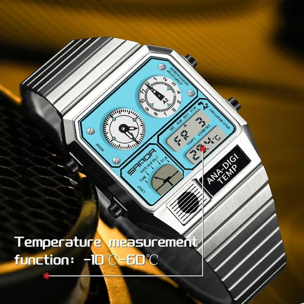 SANDA 3192 Men and women fashion dual display alarm clock digital watch waterproof temperature measuring three-time wristwatch