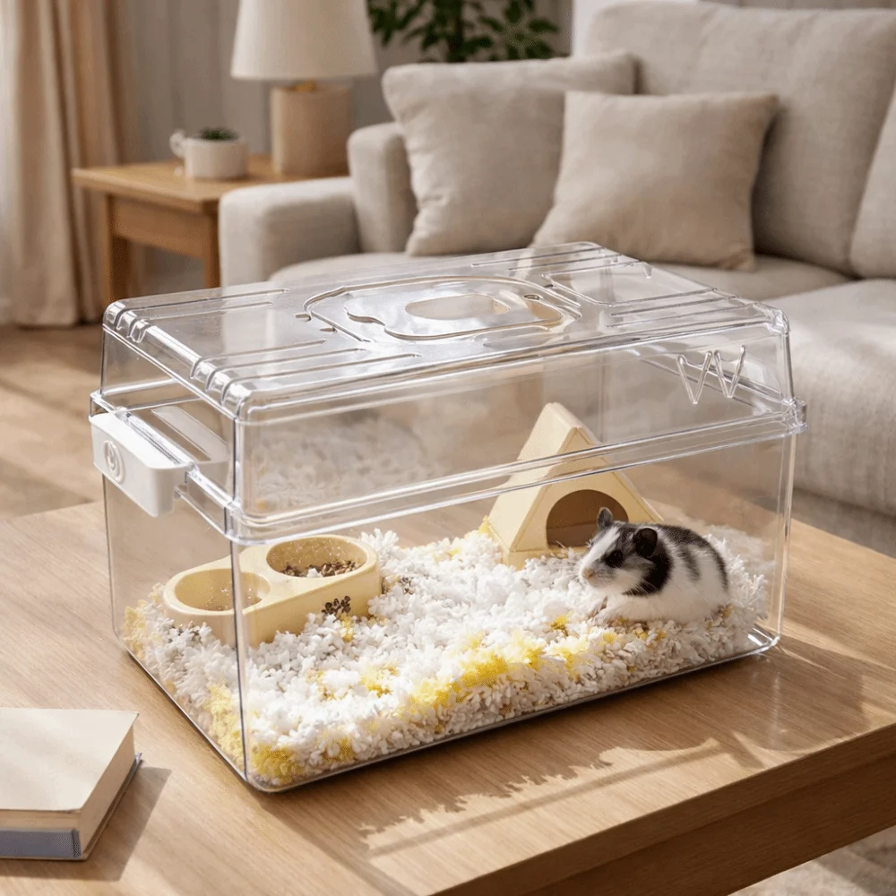

Прозрачная клетка для хомяка с пряжкой, дизайн вентиляции, коробка для кормления маленьких домашних животных, ручная прочная уличная клетка для хомяка, маленькие животные