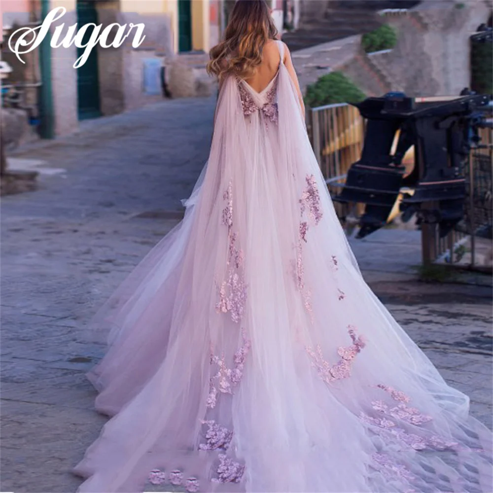 Backless V Neck Tulle Wedding Dress for Women Princess 3D Flowers Lace Applique Bridal Gown A Line Formal Party Dresses 2024