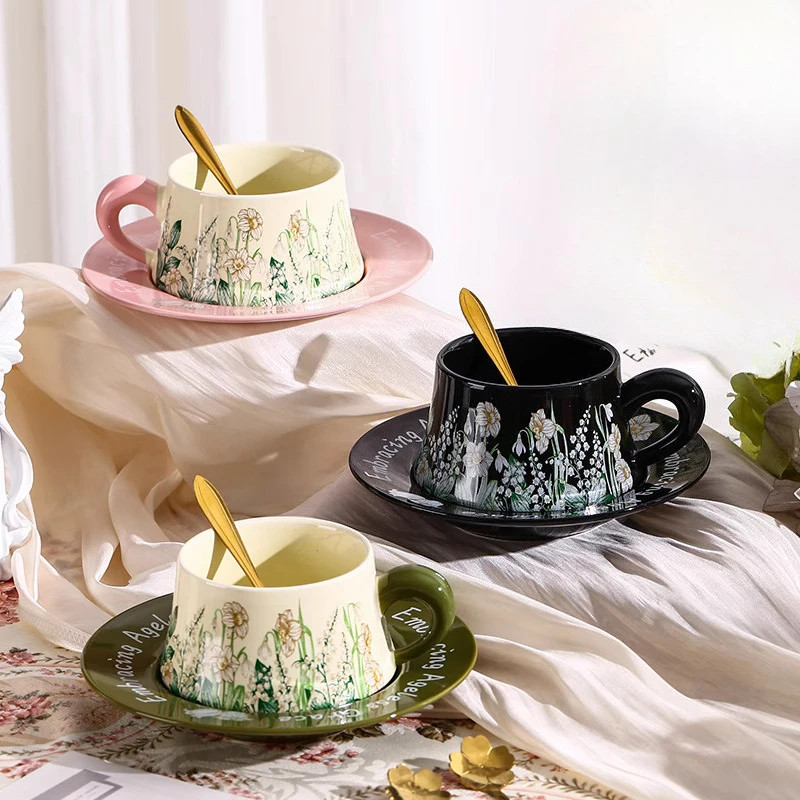Creative Ceramic Jasmine flower pattern Coffee Cup and Plate Combination Household Office Items Nordic style Porcelain Water Mug